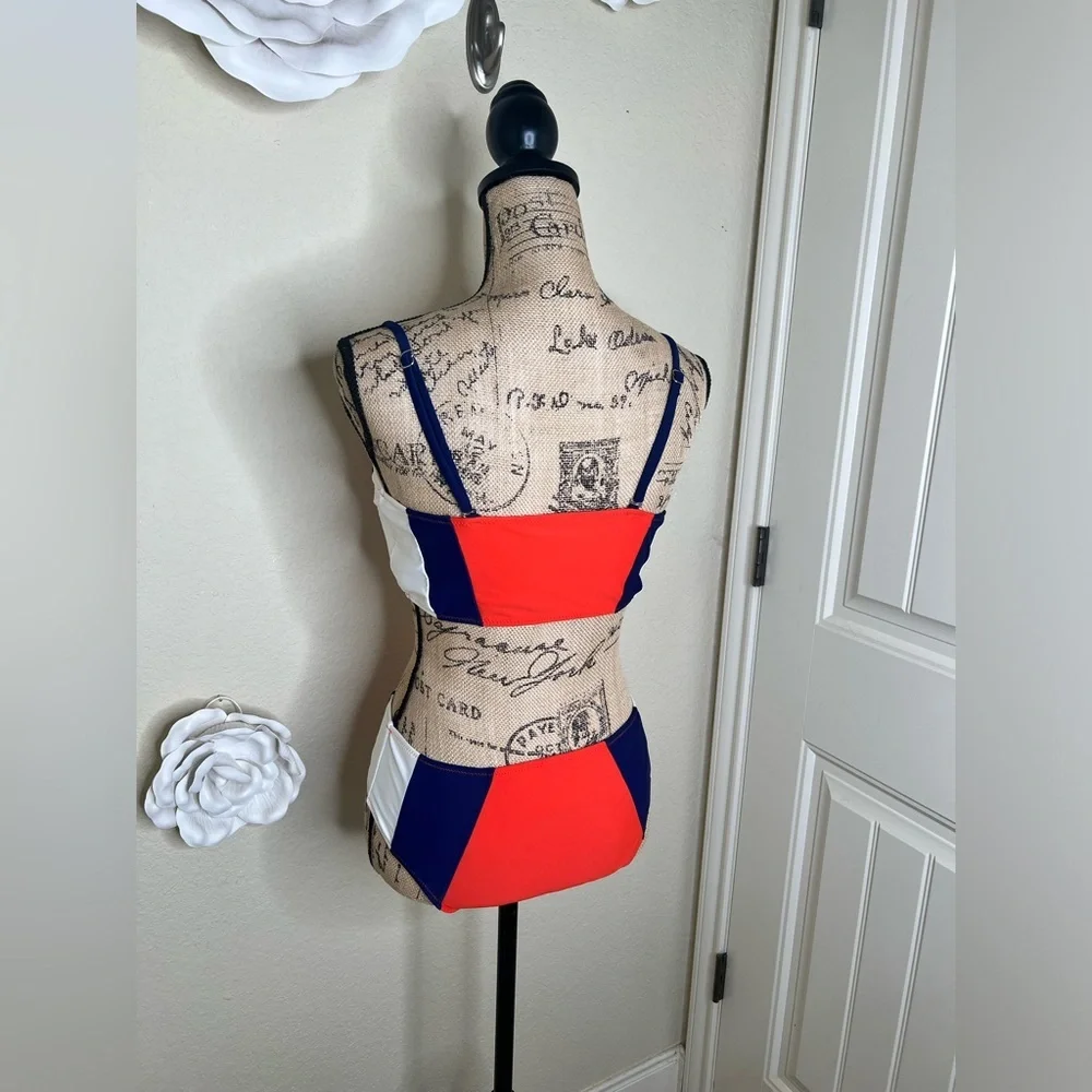 Cupshe Colorblock Bikini Set Orange Blue White Mid Rise Swim Size M - Picture 13 of 16